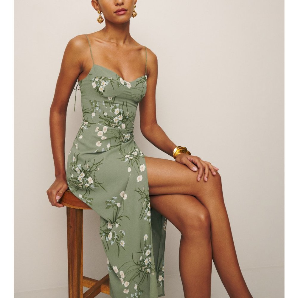 Reformation Sage Green Floral Midi Dress